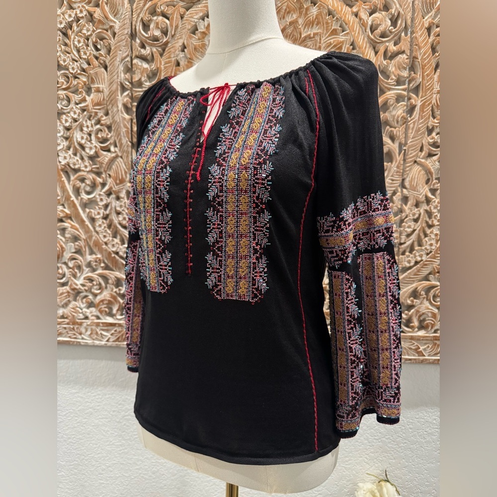 DKNY Beaded & Embroidered Silk Boho Peasant Blouse Festival Top, Flare Sleeves - Picture 5 of 16